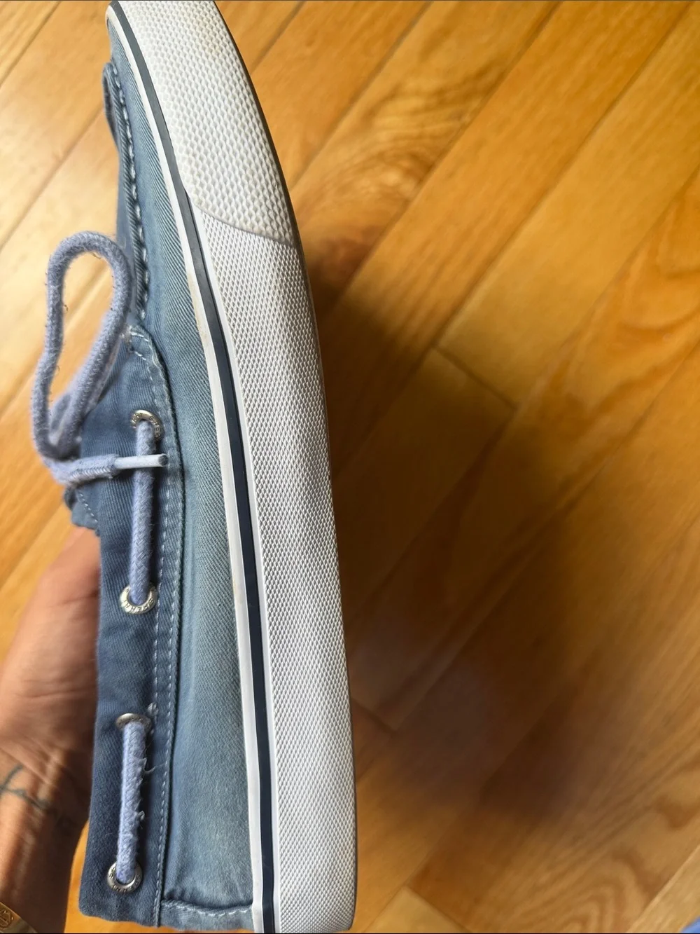 Sperry Blue Canvas Boat Shoes with Plaid Lining